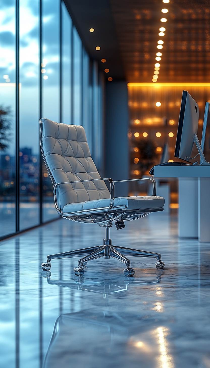 Empty modern office chair in front of a computer in a glass-walled office at dusk, with city lights visible outside.