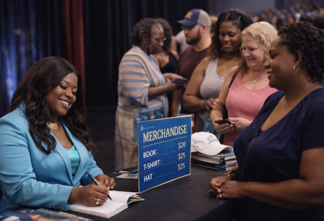 Woman in blue blazer signing a book at a merchandise table, with customers in line and a sign listing prices for books, T-shirts, and hats.