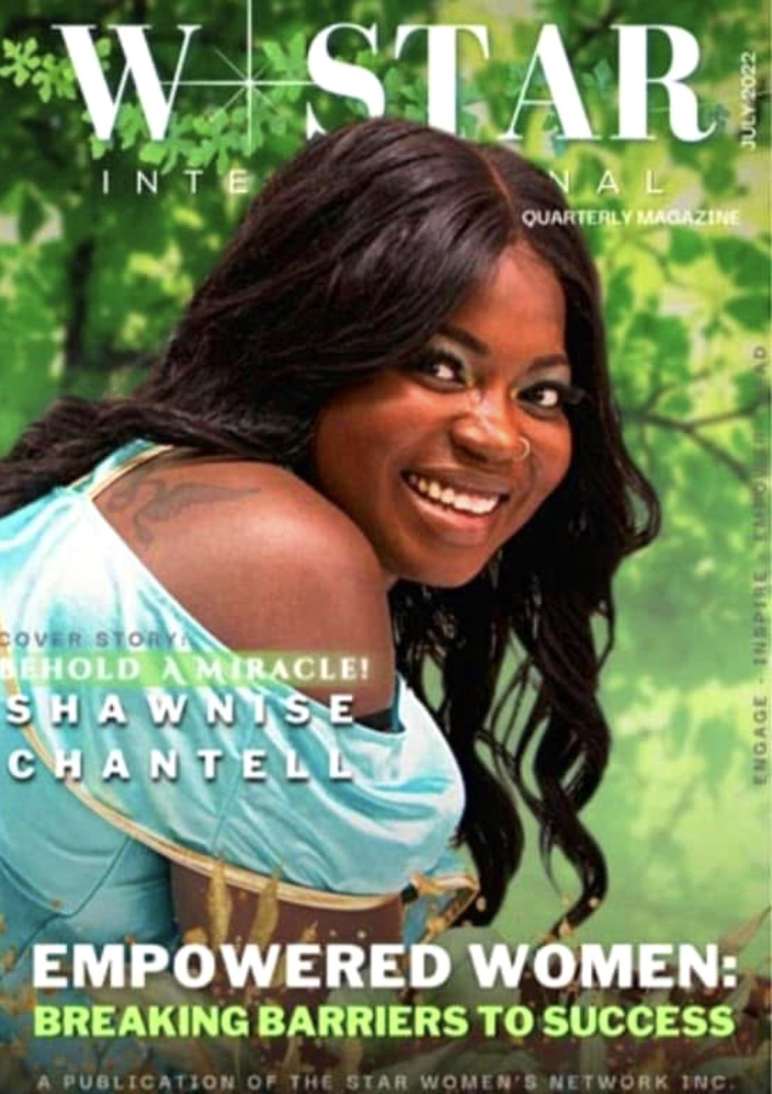 Cover of a magazine featuring a smiling Black woman with long dark hair, wearing a light blue top outdoors with green foliage in the background.