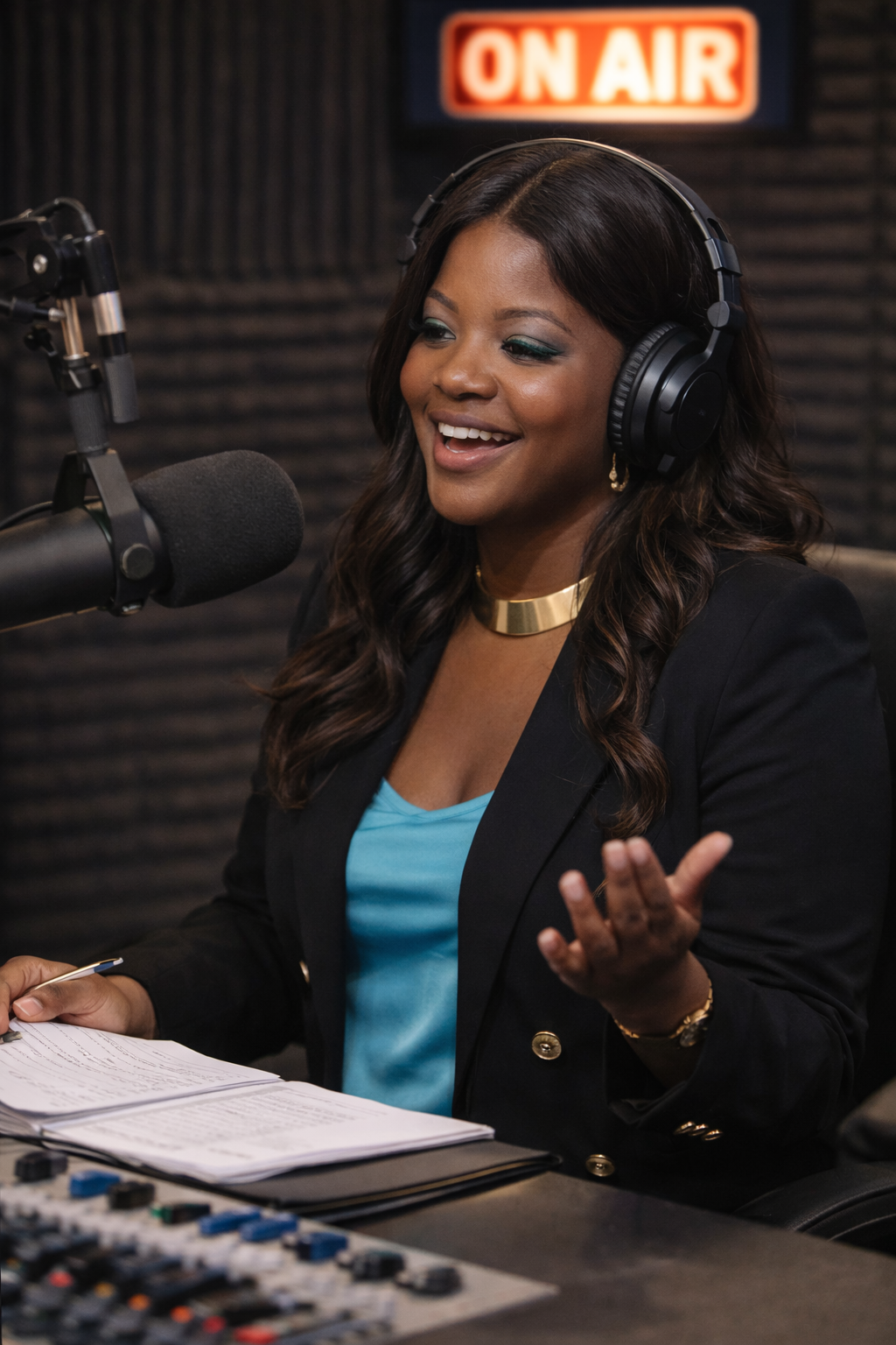 A woman speaking into a microphone in a radio studio, wearing headphones, with an 'On Air' sign in the background.