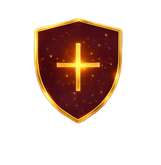 A glowing shield with a gold border and a cross in the center, surrounded by small sparkling lights.