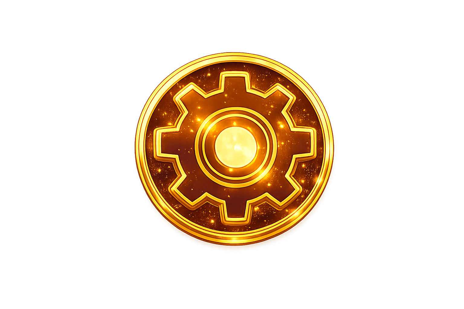 A glowing, golden gear icon with a central circle, illuminated with a radiant light and subtle sparkles on a grey background.