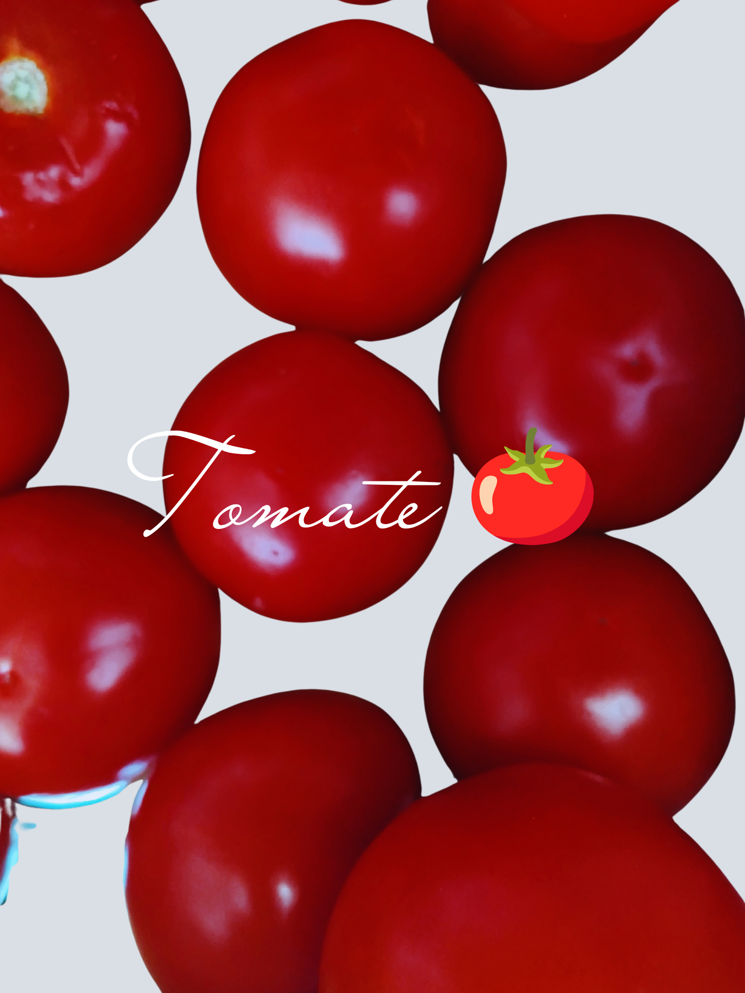 Grappe de tomates rouges sur un fond gris pâle avec le mot "Tomate" écrit en cursif blanc et une petite illustration de tomate en bas à droite.