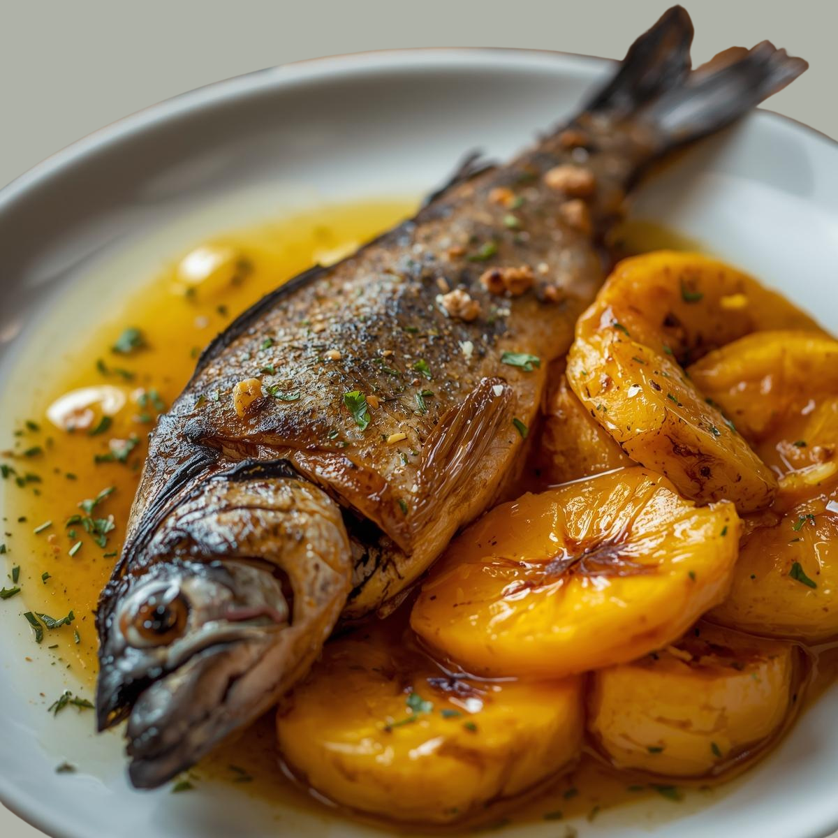 Poisson grillé servi avec des morceaux de patates douces en sauce, assaisonné d'herbes.