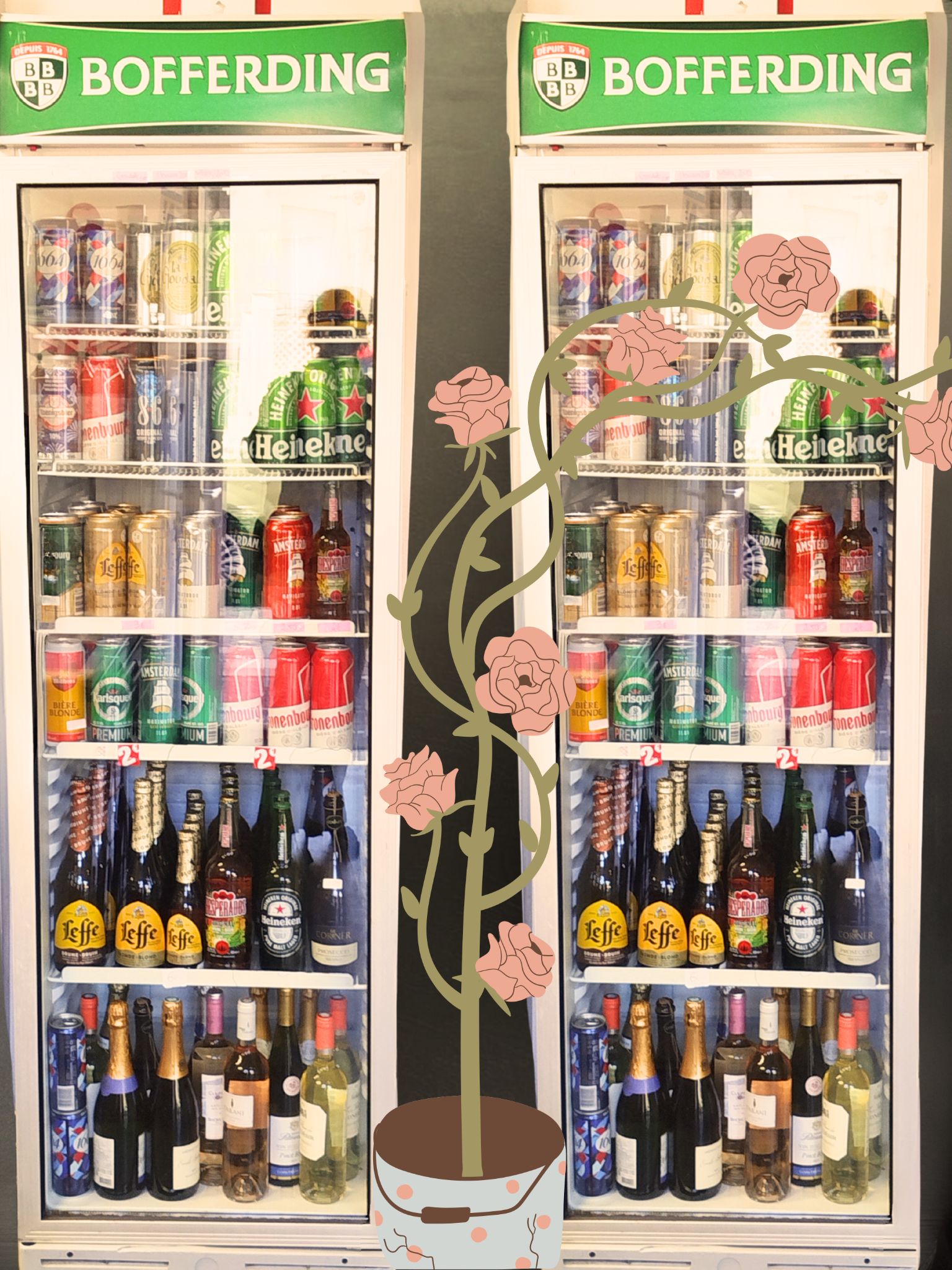 Vitrine réfrigérée contenant diverses boissons, notamment des bières, des sodas, et des boissons alcoolisées, avec une superposition de dessin d'une plante avec des fleurs dans un pot.