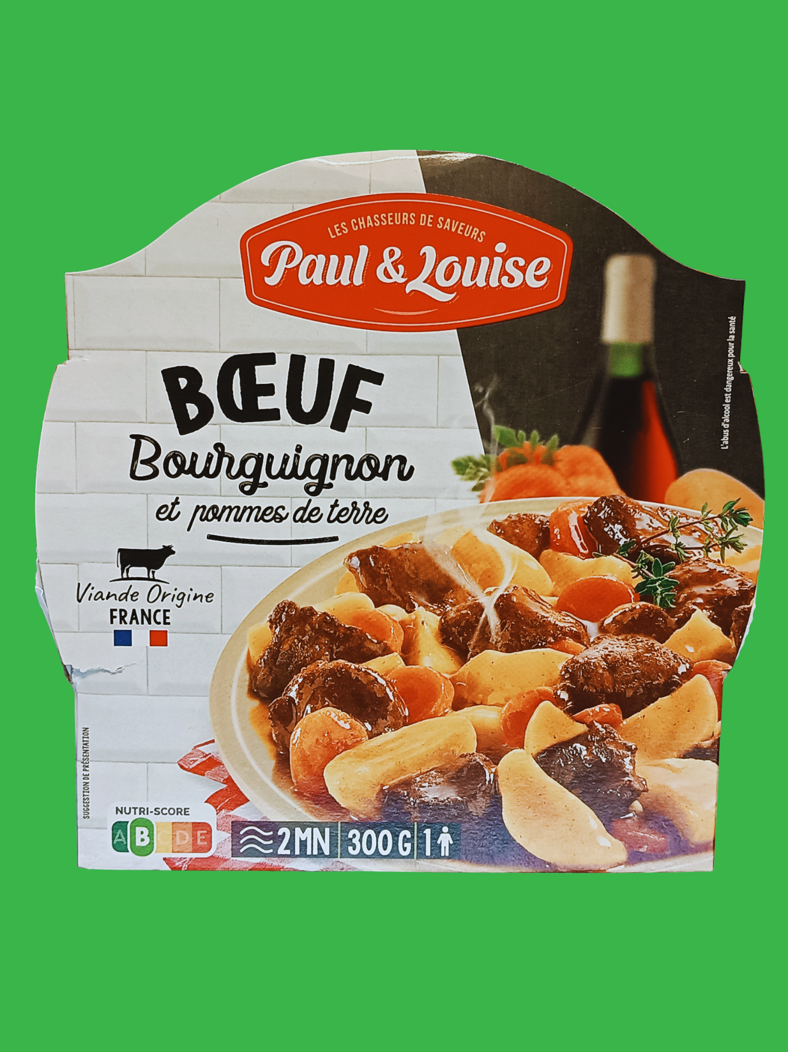 Emballage de plat préparé de bœuf bourguignon avec pommes de terre, illustration de viande, pommes de terre, légumes, et bouteille de vin, marque Paul & Louise.