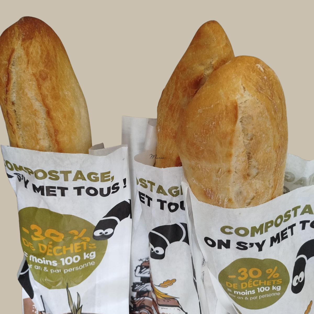 Trois baguettes de pain dans des sacs en papier compostables avec un message en français sur la réduction des déchets, décorées avec un dessin de manchot.