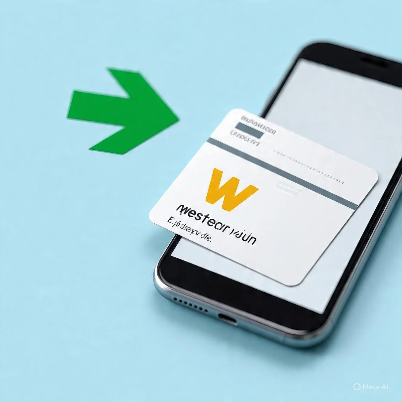 Une carte de transport ou de bus posée sur un téléphone portable, avec une flèche verte pointant vers la gauche sur un fond bleu.