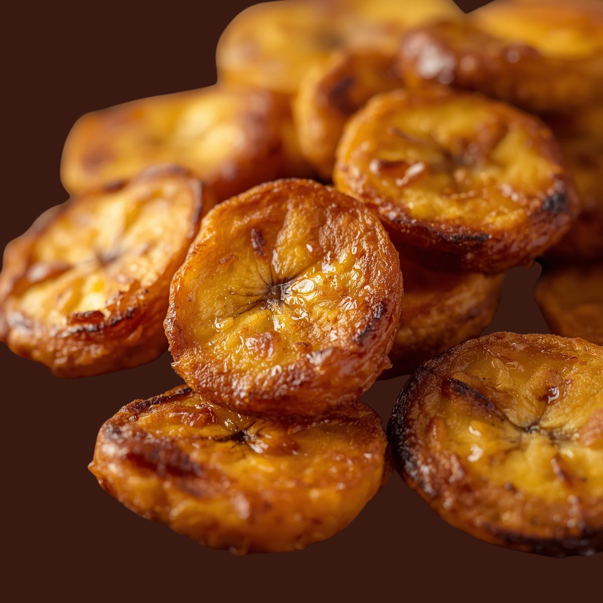 Bananes plantains grillées ou dorées, coupées en rondelles, avec une texture croustillante et un aspect sucré.