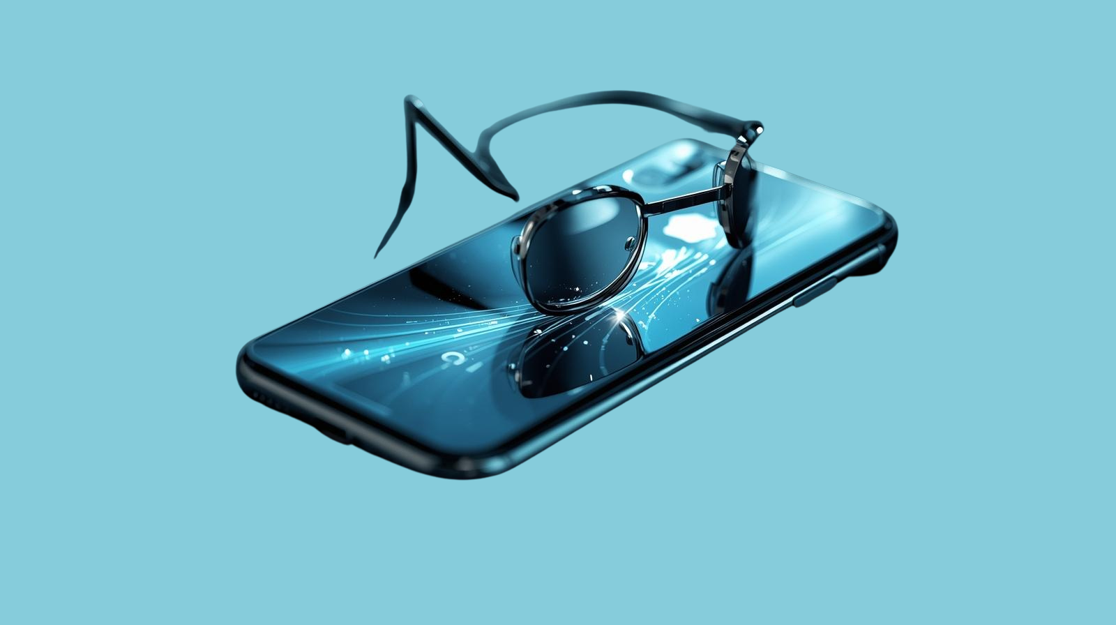 Une paire de lunettes de soleil posée sur un téléphone portable avec un fond bleu