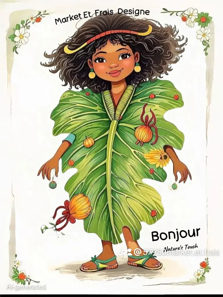 Une illustration d'une jeune fille avec des cheveux bouclés et un sourire, portant une robe faite de grandes feuilles vertes décorées de petits légumes, fleurs et fruits. Elle porte des sandales vertes et des boucles d'oreilles jaunes. Le texte en haut dit 'Market Et Frais. Design' et en bas 'Bonjour'.
