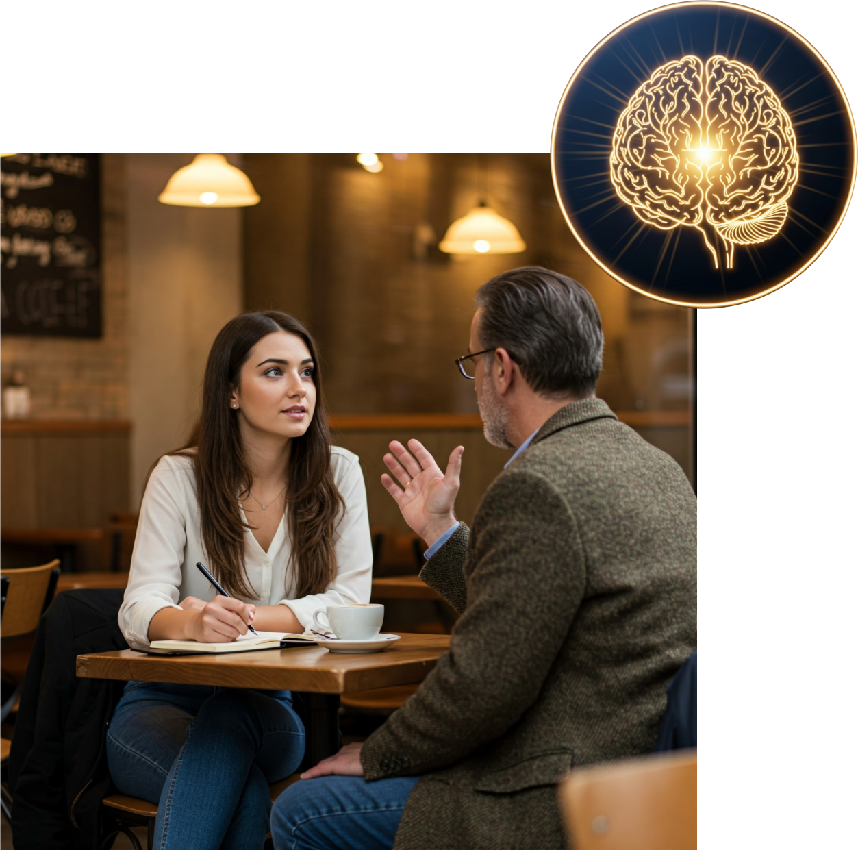 A young woman with long brown hair and a man with glasses having a conversation in a coffee shop. The woman is taking notes, and there's a coffee cup on the table. A glowing brain illustration is in the upper right corner.