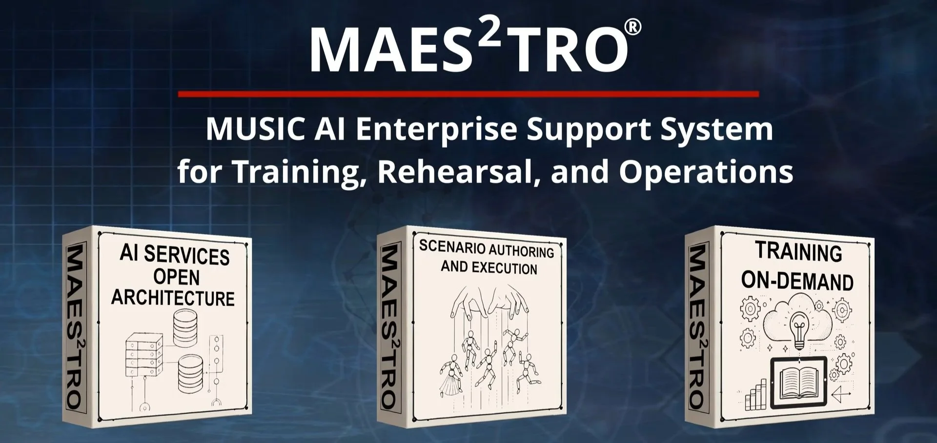 Overview of MAES²TRO, an AI enterprise support system for training, rehearsal, and operations. Shows three product boxes labeled 'AI Services', 'Scenario Authoring and Execution', and 'Training On-Demand' with related icons.