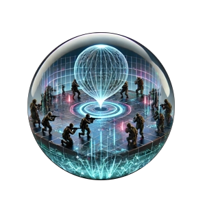 A group of people inside a futuristic, holographic sphere with a digital globe and a glowing grid, representing advanced technology or virtual reality.