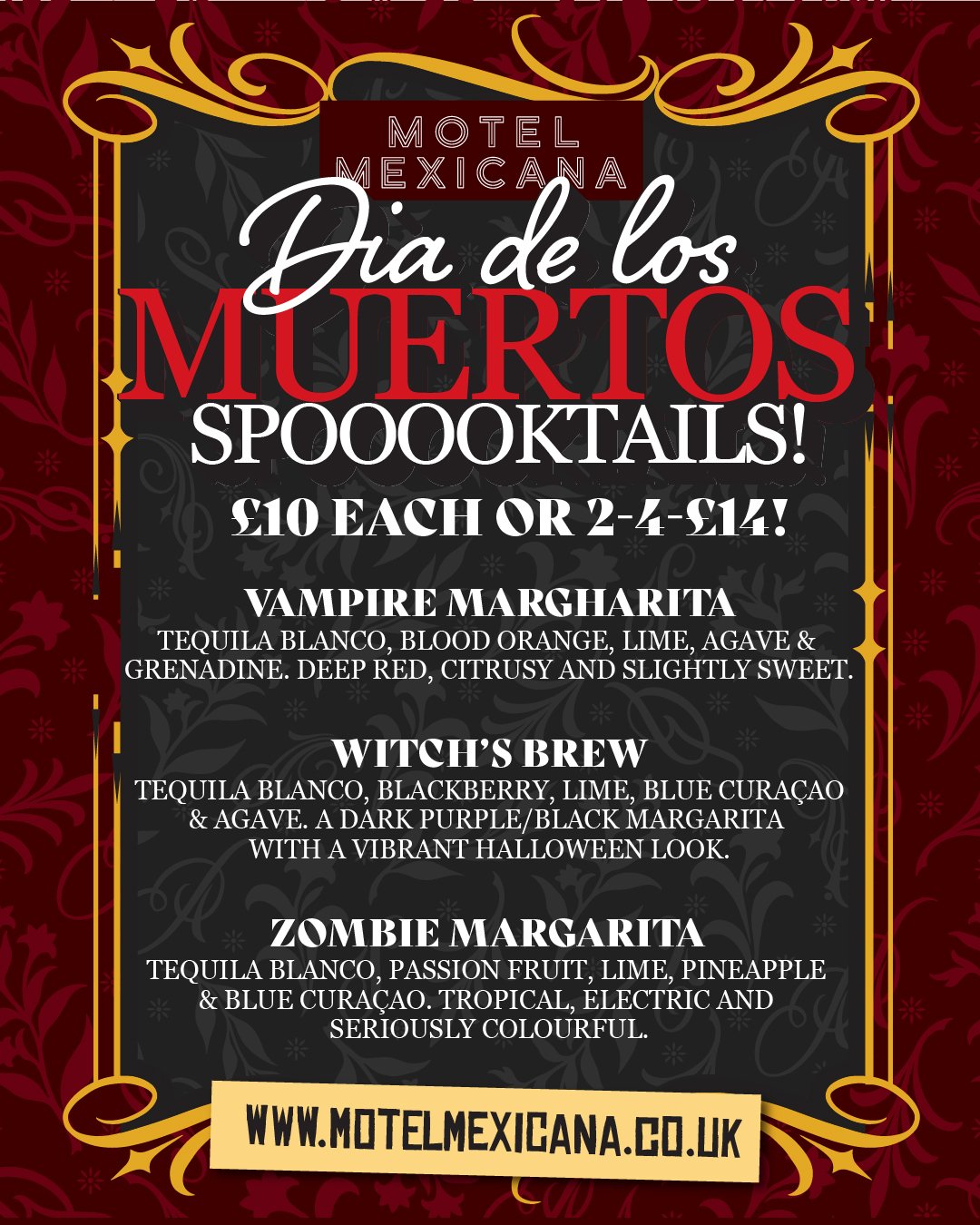 A promotional poster for Mexican-themed Halloween cocktails at Motel Mexicana, featuring three drinks: Vampire Margarita, Witch's Brew, and Zombie Margarita, with descriptions of ingredients and a website link.