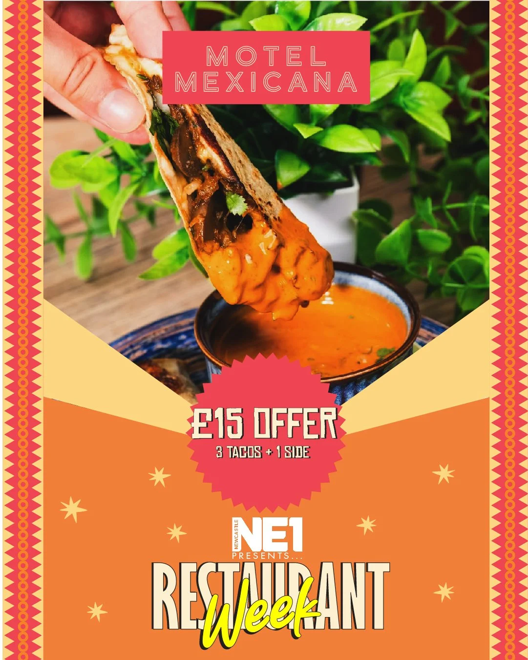 🚨 EVERYONE STAY CALM, RESTAURANT WEEK IS STARTING TOMORROW! 🚨

We will be back open from Tuesday serving up some tasty Tacos, sides &amp; more! 😍

Our 2 deals for the week are...

🪇 &pound;15 Deal: 3 Tacos + 1 Side
🪇 &pound;20 Deal: 3 Tacos + 1 