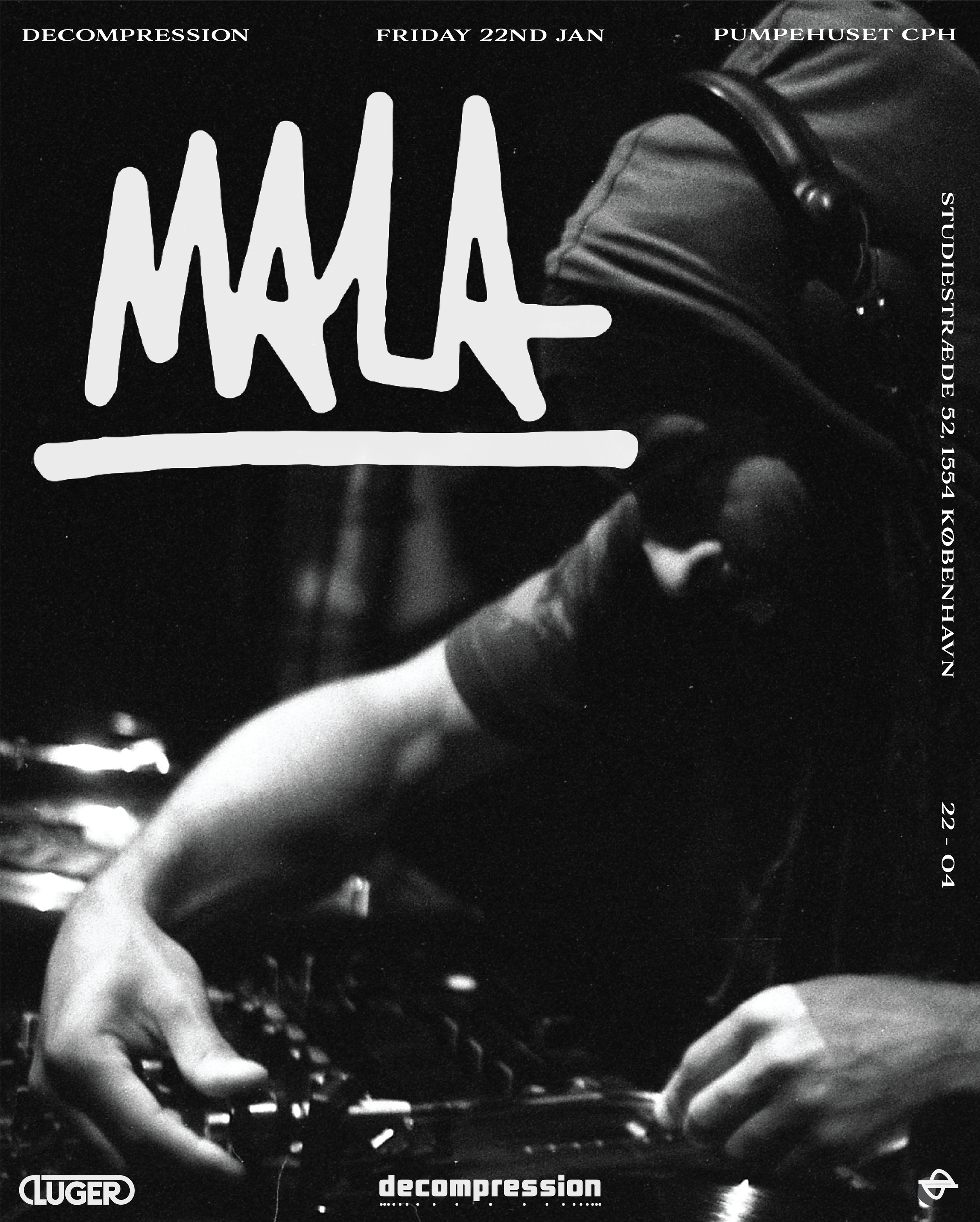 Black and white promotional poster with abstract hand and headphone imagery. The text includes event details: 'Decompression,' 'Friday 22nd Jan,' 'Pumpehuset CPH,' and a location address. Logos for Cluger and Opel are at the bottom.