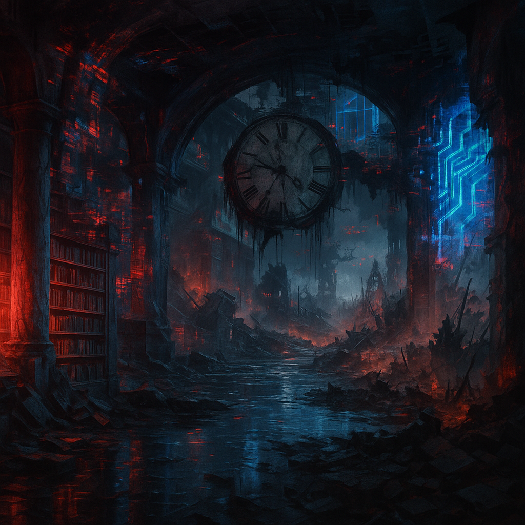 A dark, dystopian scene inside a ruined building with a large clock hanging from a broken ceiling, surrounded by debris, flickering red and blue neon lights, and glowing circuit-like patterns on the walls.