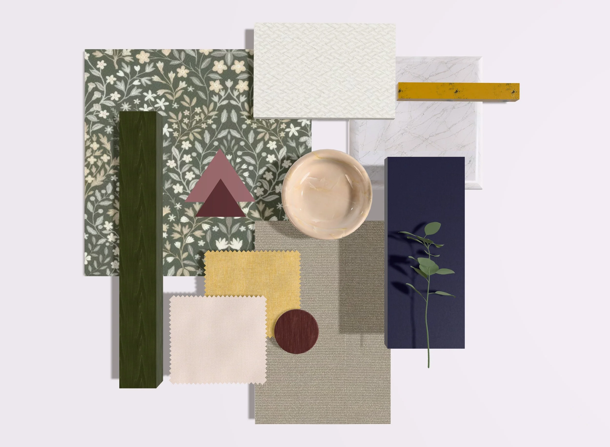 A color palette with fabric swatches, paint samples, a round marble box, a small potted plant, and various patterned and solid-colored tiles arranged on a light background.