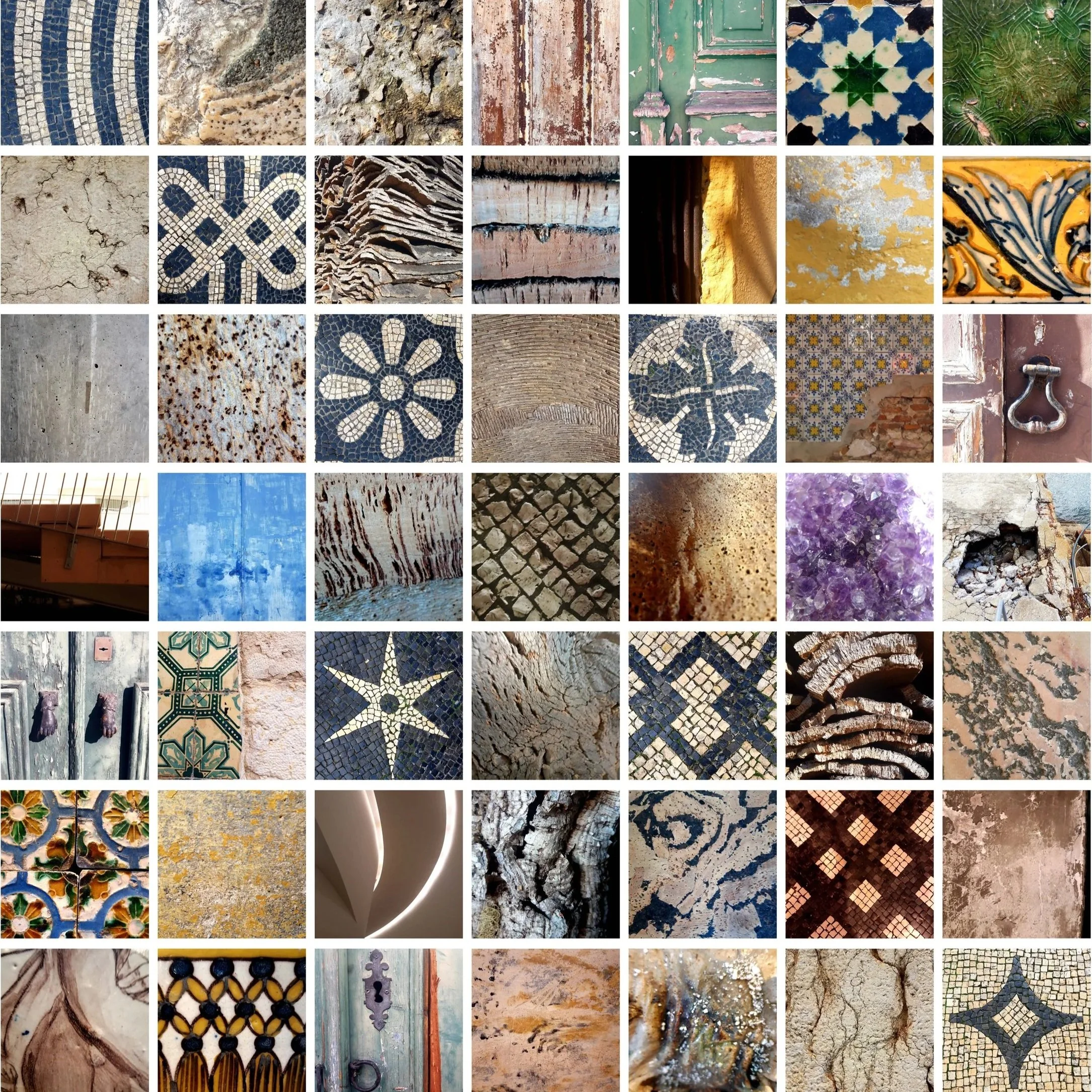 A collage of decorative tiles in Lisbon, Portugal, showcasing diverse architectural and artistic details.