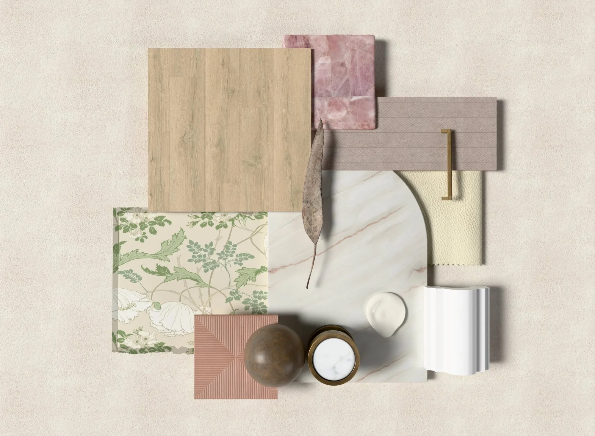 Mood board or sample palette of materials including wood, marble, fabric, and decorative objects.