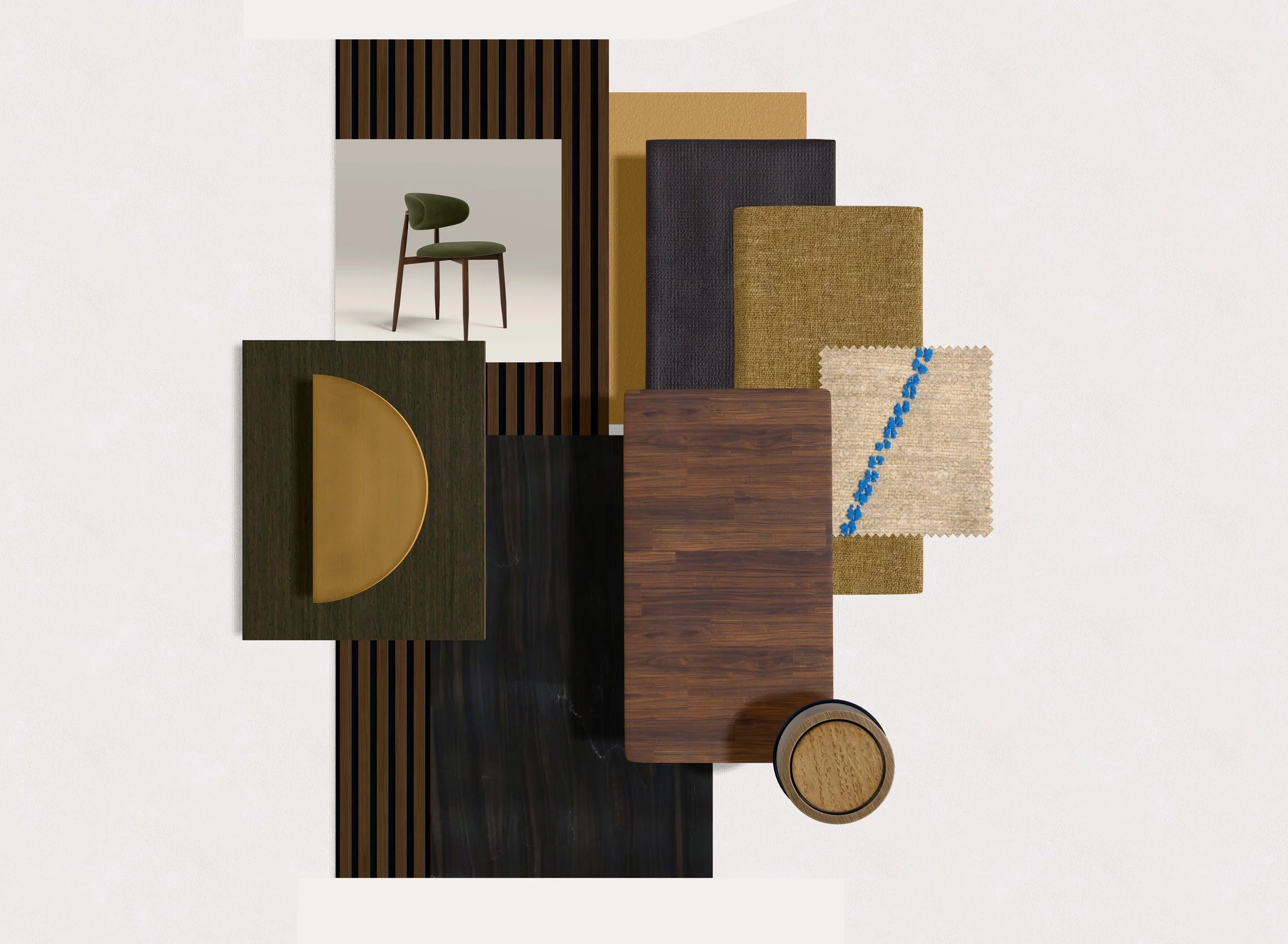 mood or sample board of various furniture and fabric samples including a green upholstered chair, wood and fabric textures, and different fabric swatches, viewed from above.