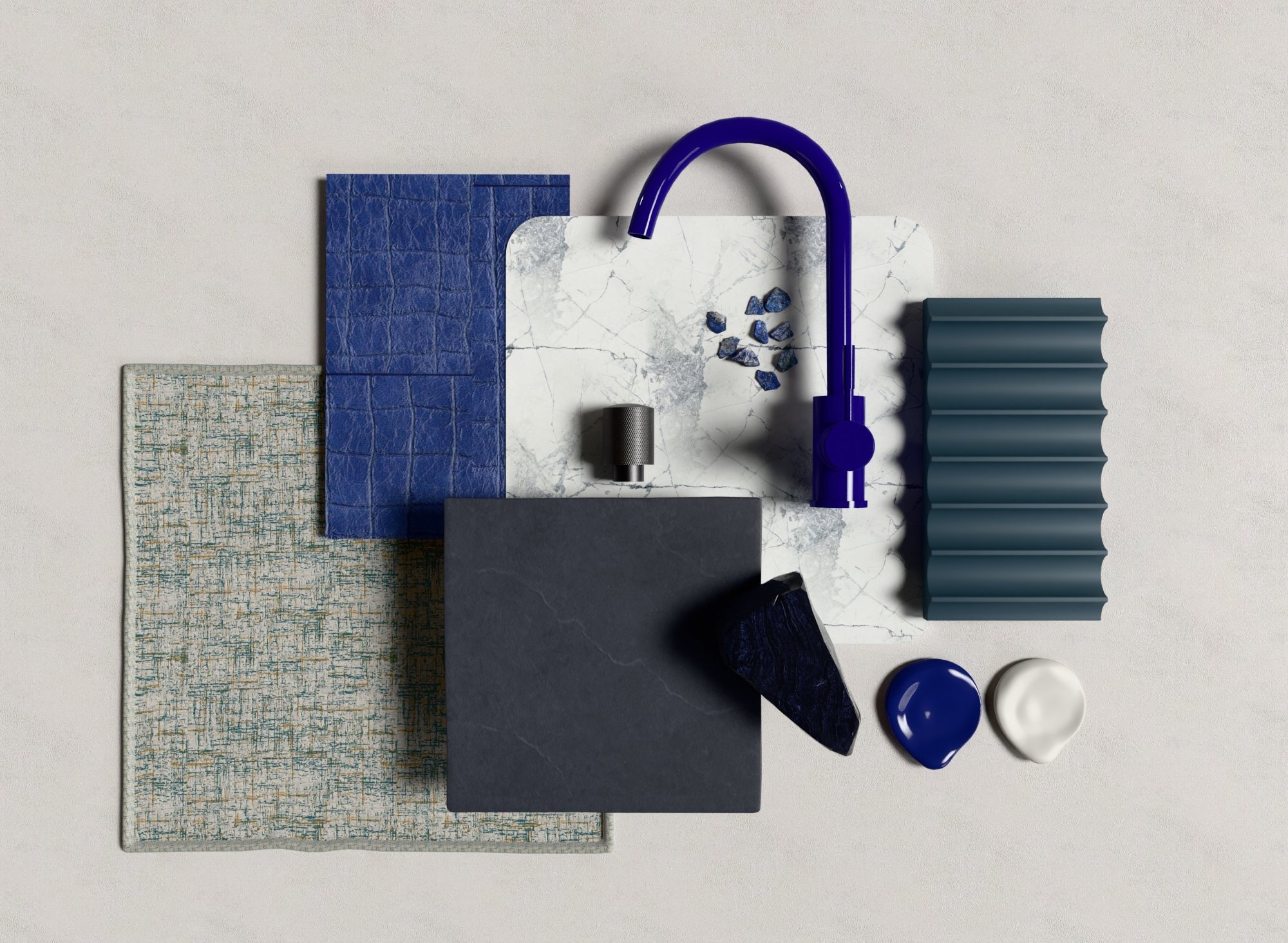 Mood board or sample palette of materials including various color and textured tiles, a white marble slab with a blue faucet, and decorative objects in shades of blue, gray, and white.