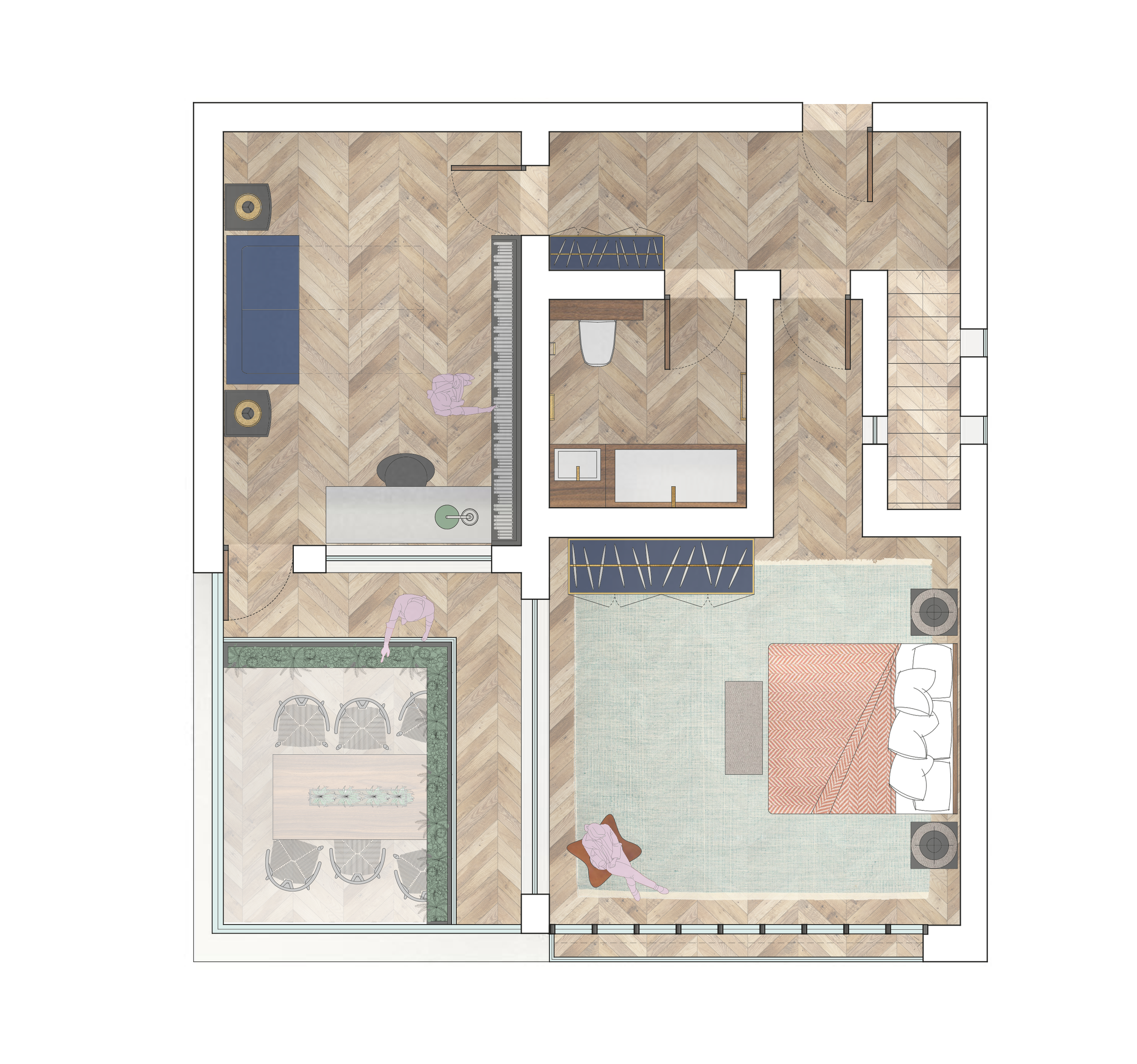 Floor plan of an apartment showing a bedroom with a bed, sofa, and TV, a bathroom with toilet and sink, a study area with a desk and chair, and a balcony with a dining table and chairs.