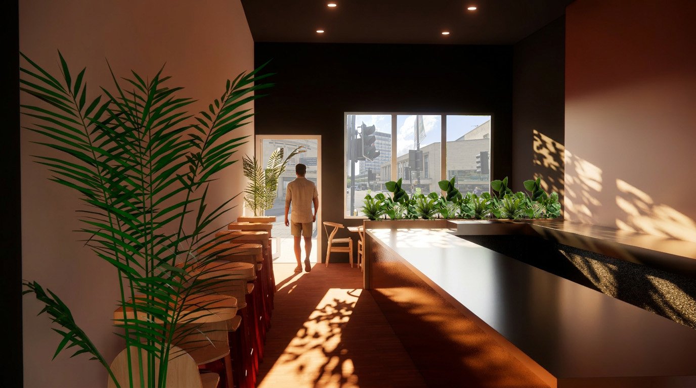 View from barista station towards entrance