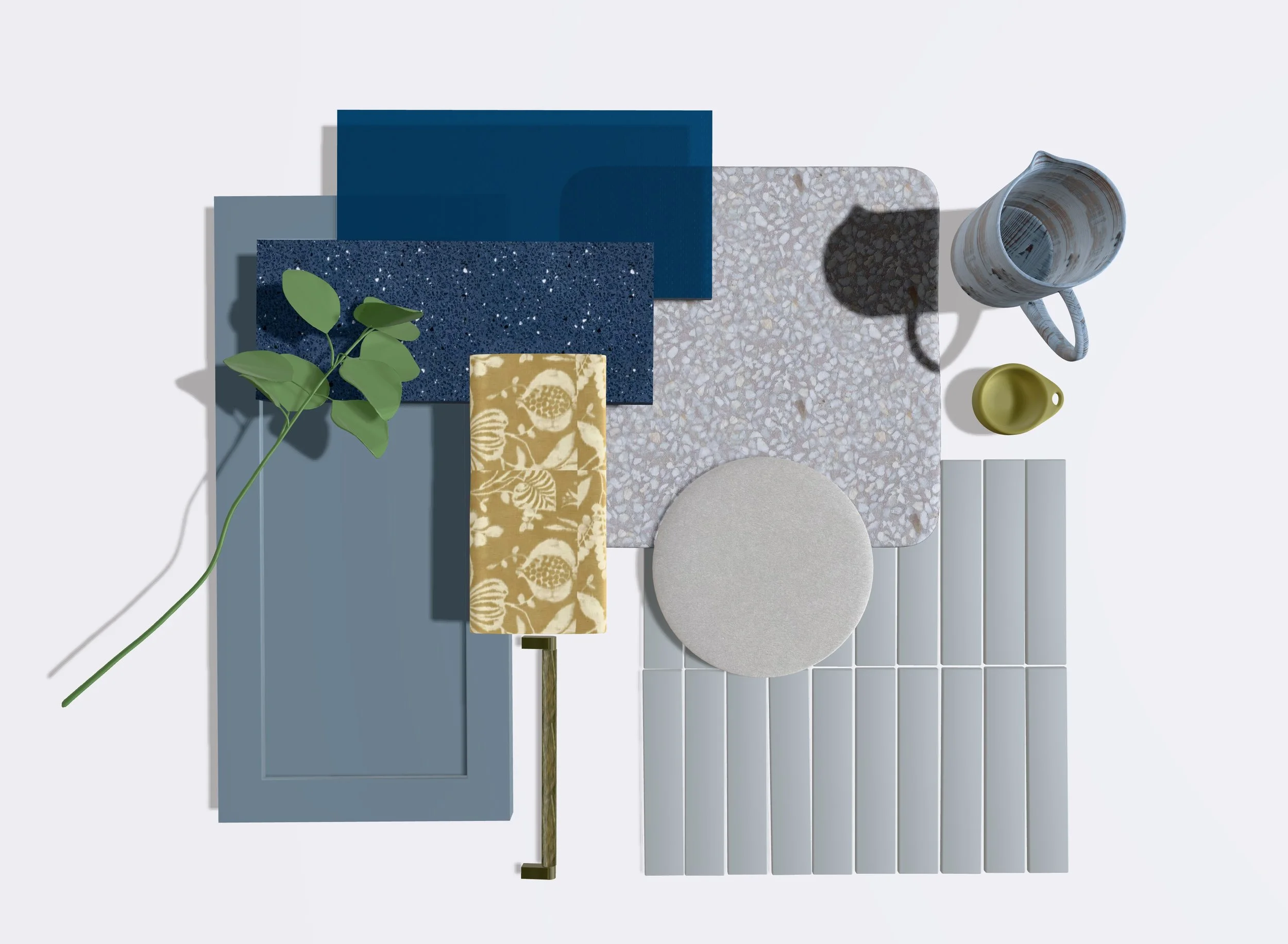 Mood board or sample palette of materials including  various home decor and design materials including tiles, a potted plant, a lamp, a mug, and decorative objects arranged on a surface.