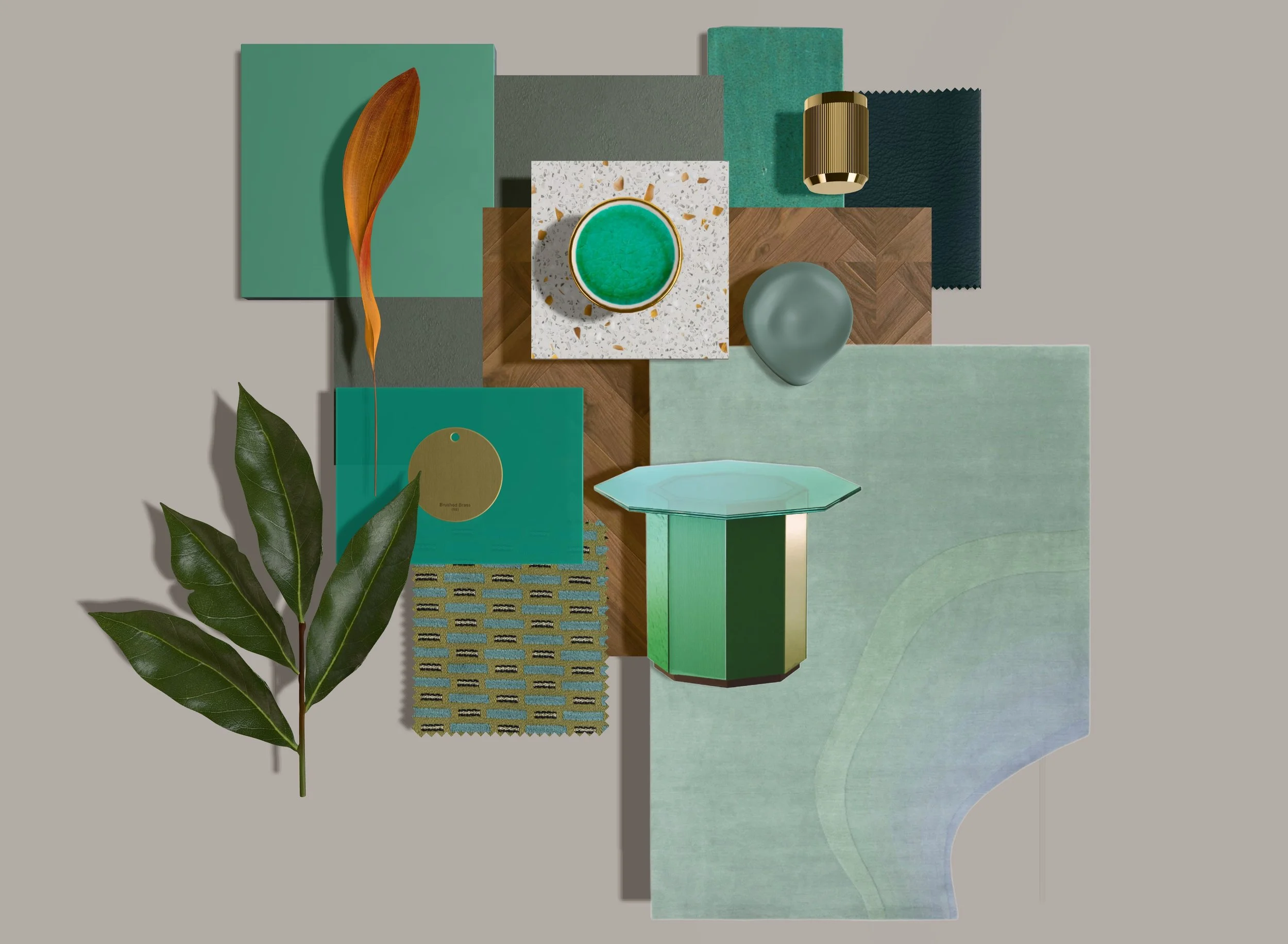 Arrangement of various interior design materials including fabric swatches, a wooden plank, a terrazzo tile, a ceramic vase, a green tabletop, a small fabric sample, a large branch with leaves, and two decorative objects in shades of green and gray.