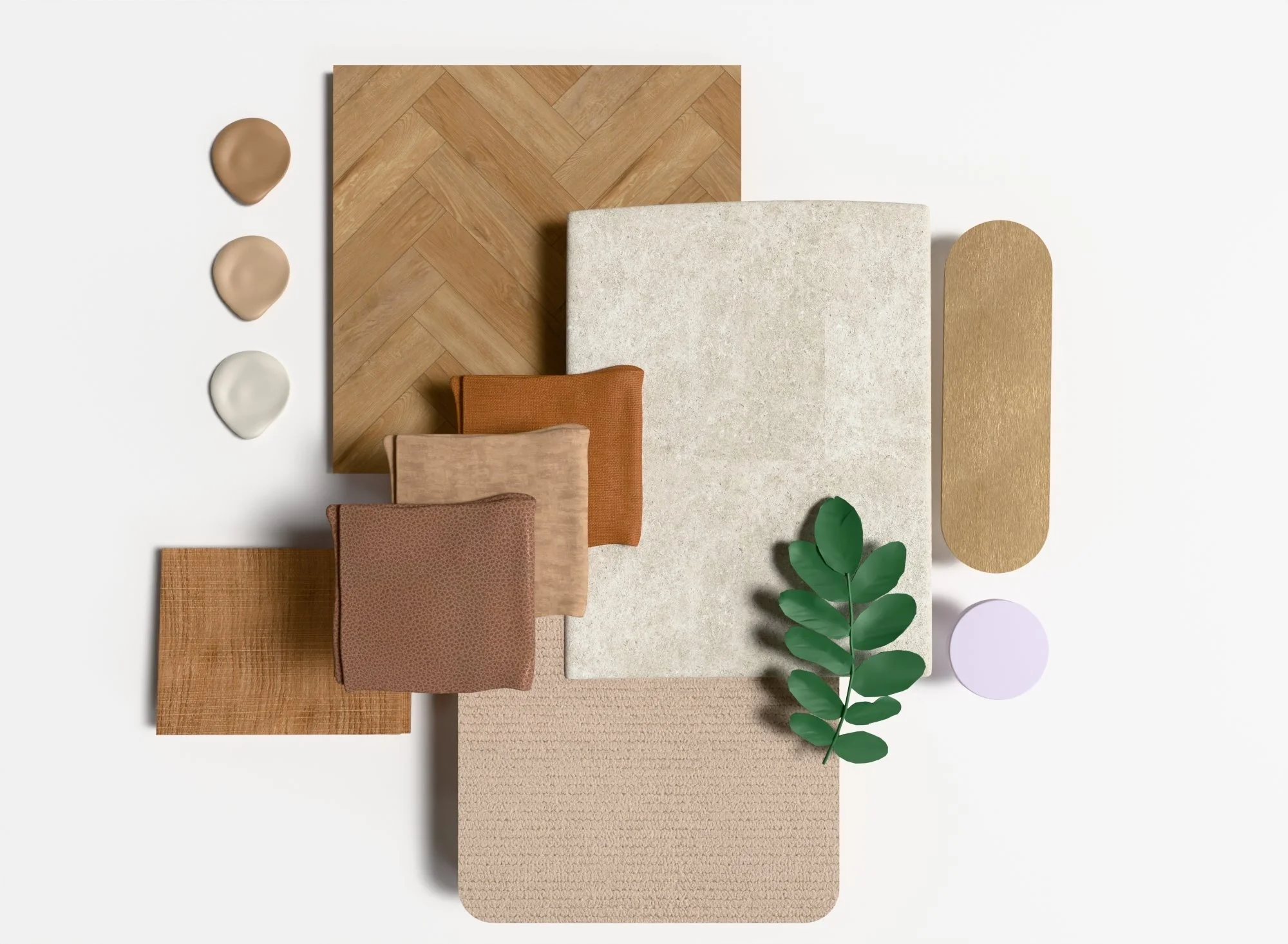Mood board or sample palette of materials including arrangement of interior design materials including fabric swatches, wood samples, paint chips, a green plant, and textured surfaces in neutral and earthy tones.