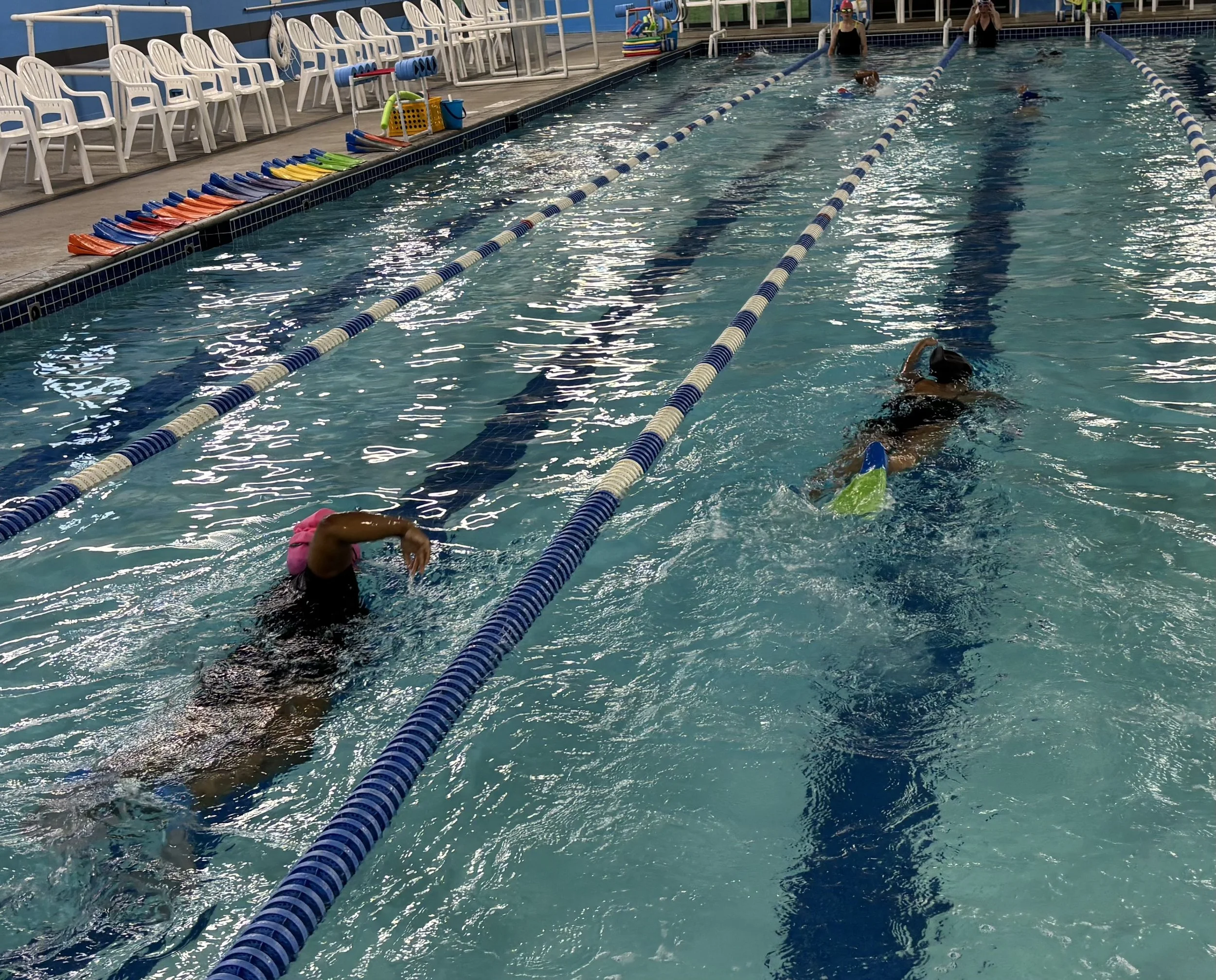 Advanced Beginners in the 25-yard, shallow, warm-water pool.