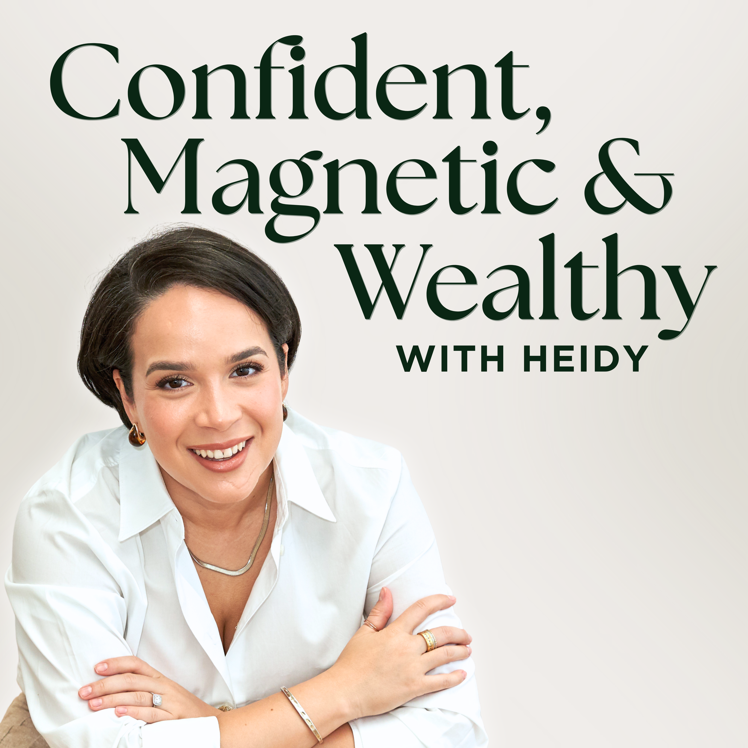 Mindset and Confidence coach for women. Podcast cover with a smiling woman with short dark hair, wearing a white shirt and jewelry, with text that reads 'Confident, Magnetic & Wealthy with Heidy' on a light background.