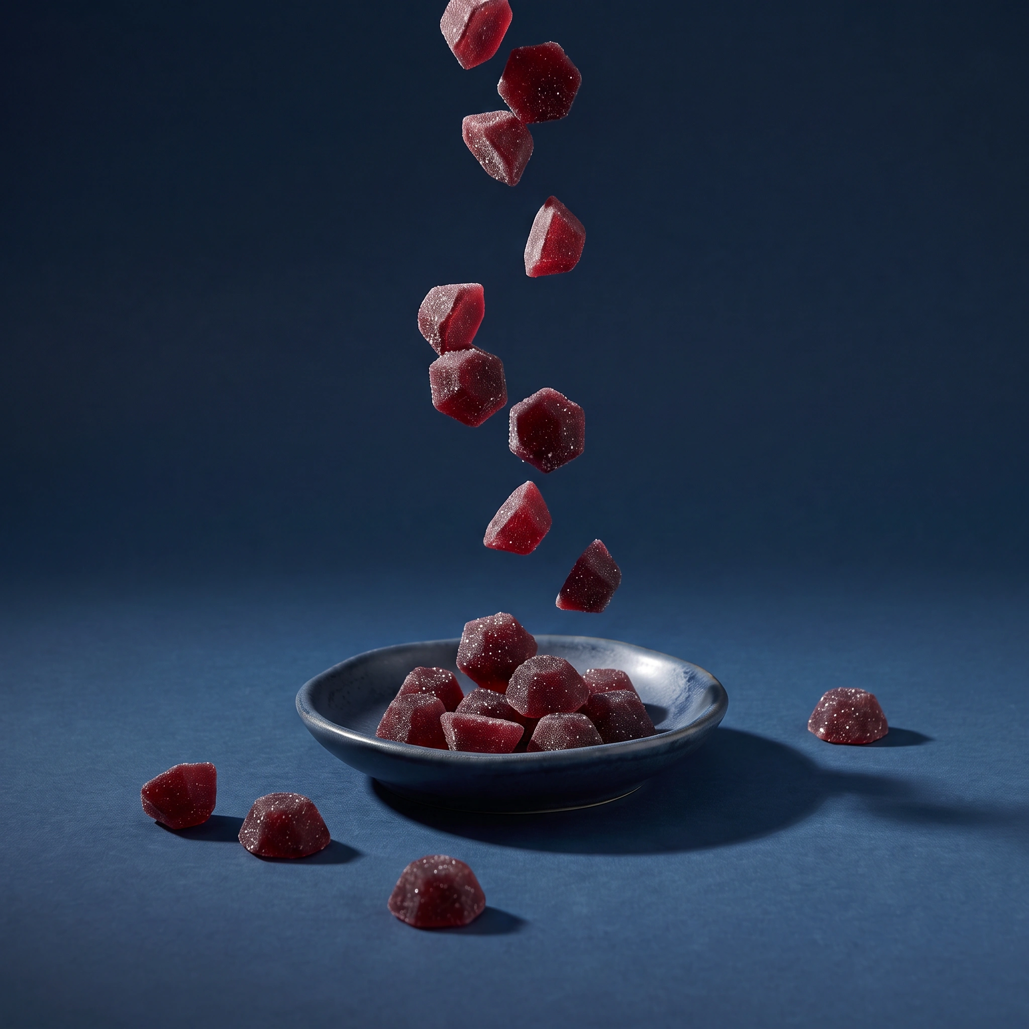 Red gummies with a sugar coating falling into a black bowl against a dark blue background.