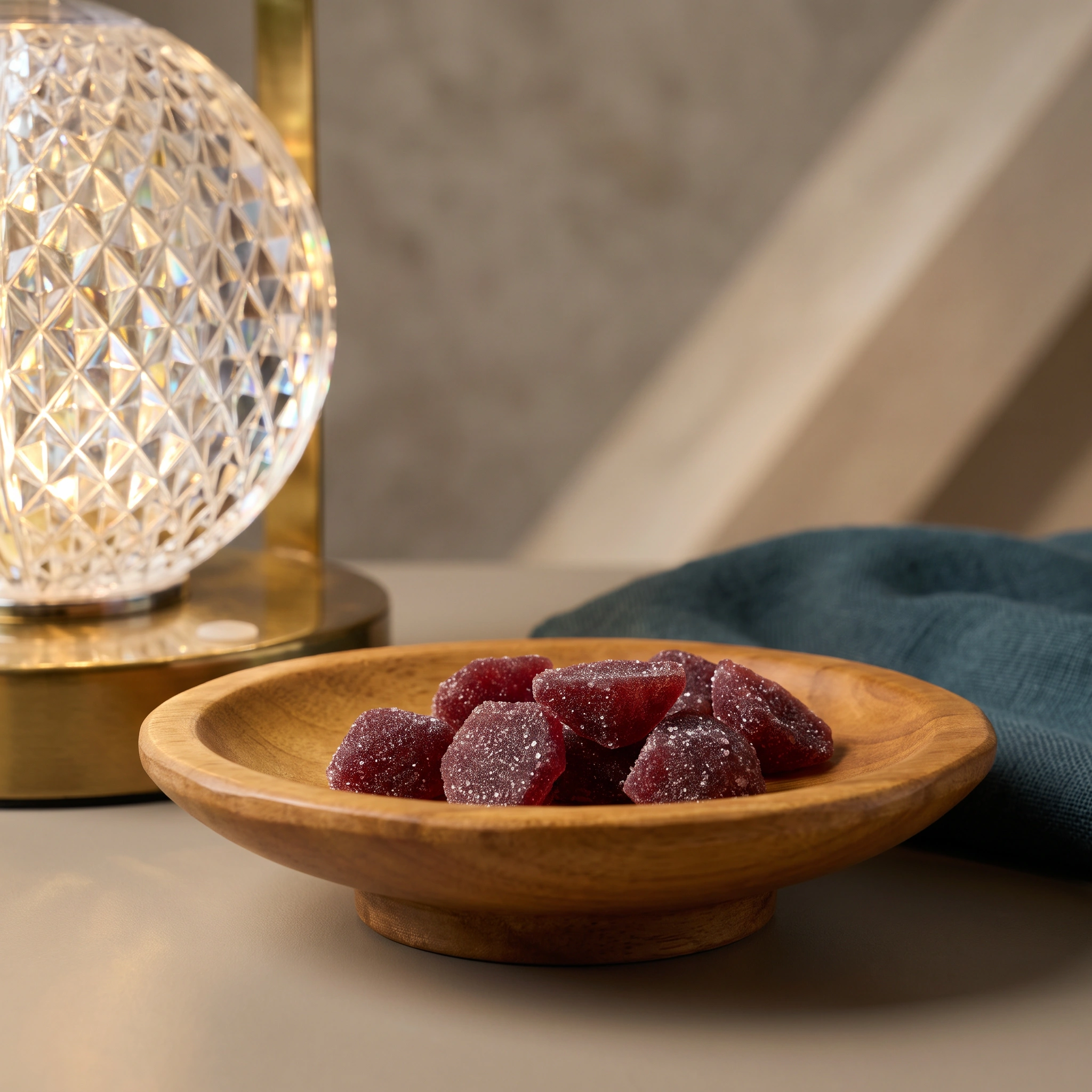 Close-up of red sugar-coated gummy candies in a wooden bowl, with a decorative glass lamp and neutral-colored background.