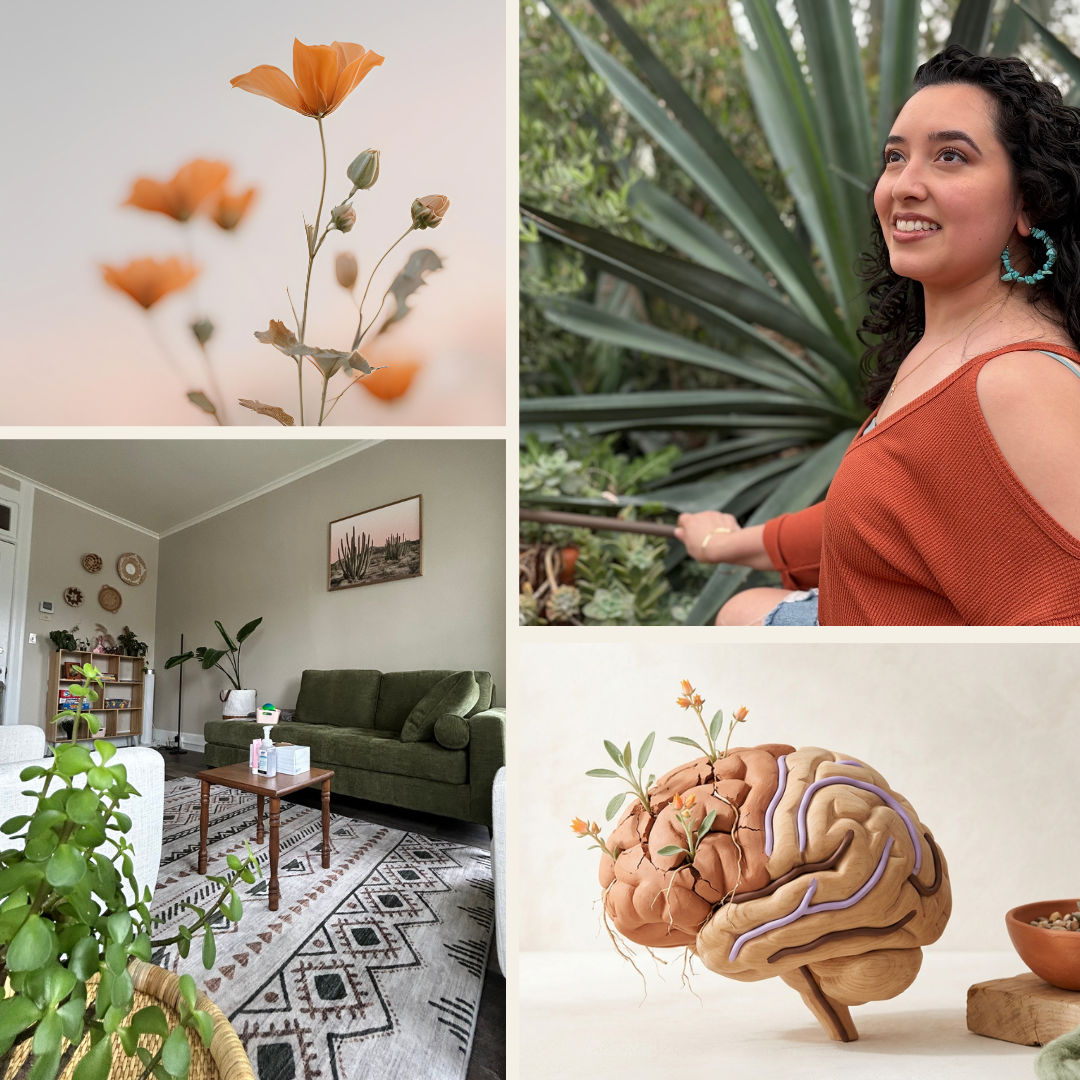 Collage of four images: Close-up of orange poppy flowers, woman with curly hair and turquoise earrings smiling outdoors near large succulent plant, living room with green sofa, plants, and patterned rug, and a model of a human brain with small plant growing from it.
