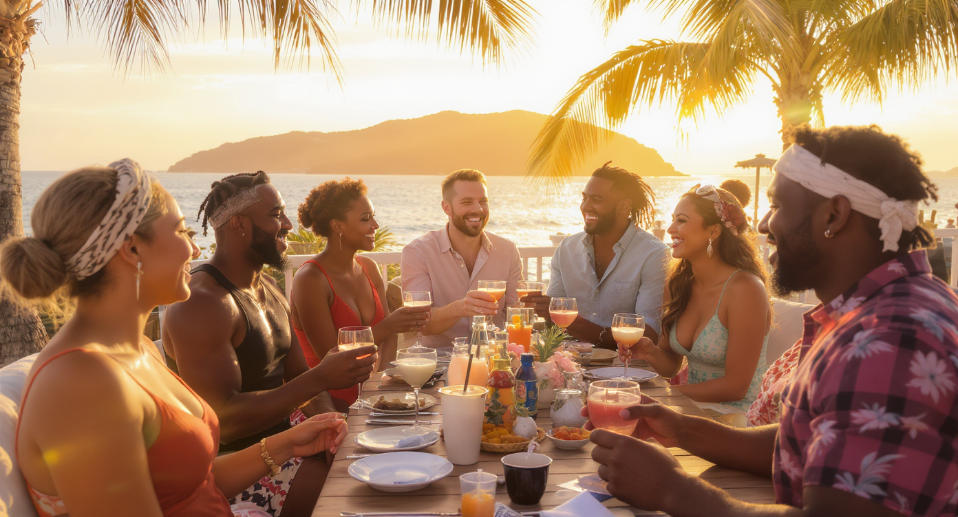 Group of friends enjoying a sunset dinner on a tropical beach with palm trees, ocean, and island in the background.