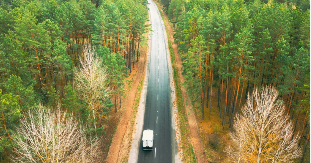 An aerial view of a two-lane road surrounded by dense green pine trees and a few leafless trees on either side, with a white truck driving along the road.