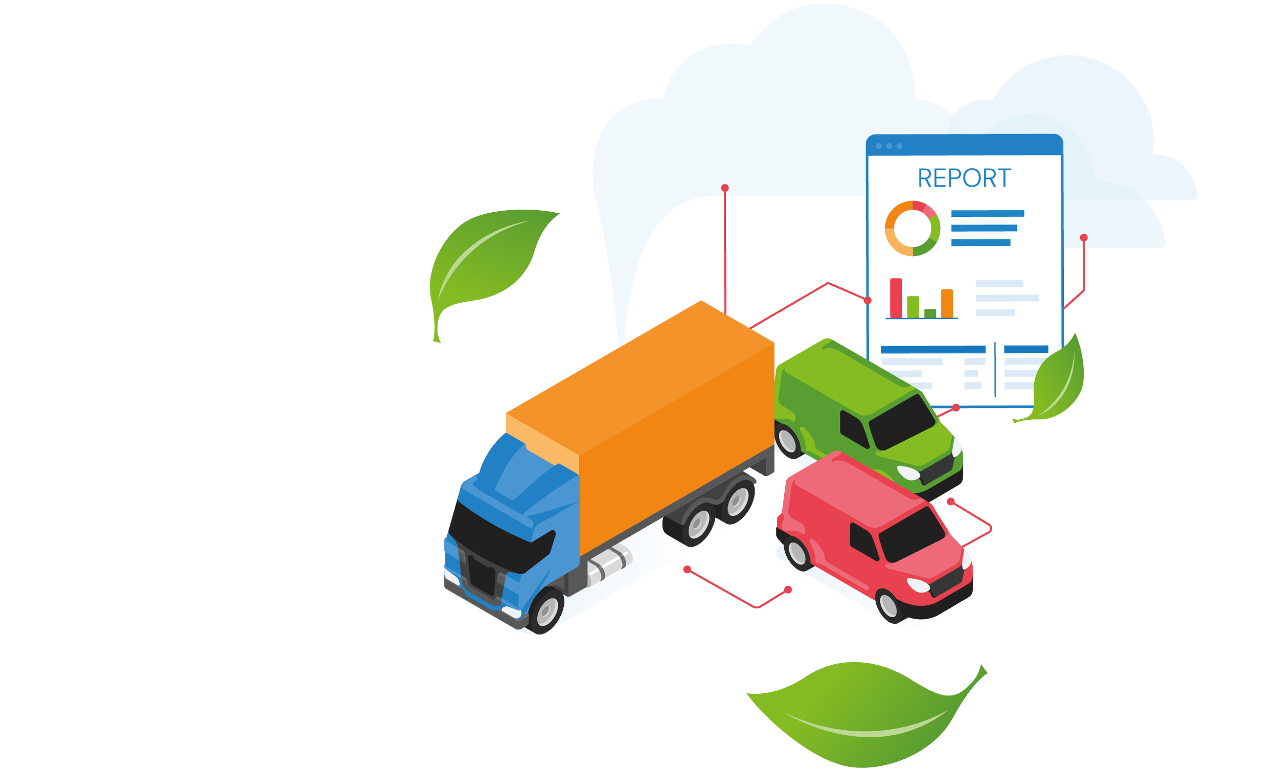 Graphic illustration of environmental tracking, featuring a large truck, two smaller cars, and a cloud with data charts and green leaves, symbolizing eco-friendly transportation and data analysis.