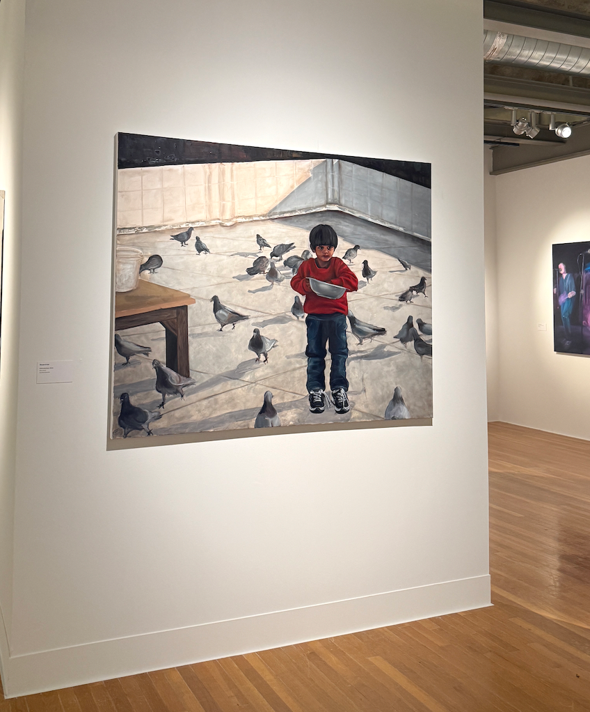 A painting of a young boy in a red sweater standing on a rooftop with pigeons around him, holding a bowl.