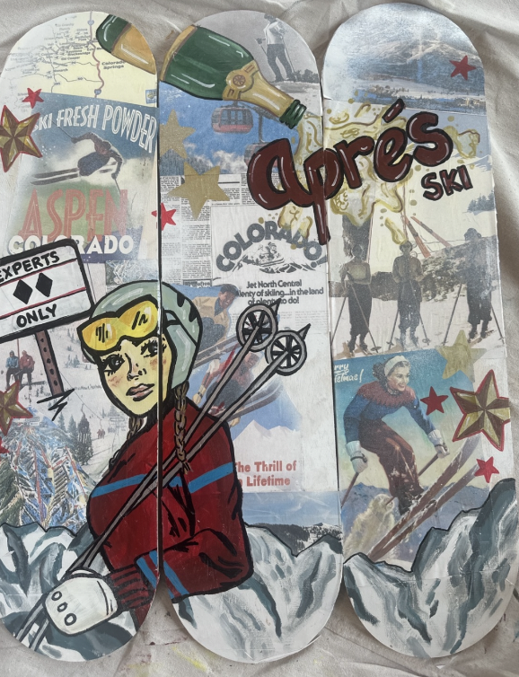 Decorative paper with ski-themed illustrations, including skiers, snow-capped mountains, ski equipment, and vintage-style graphics promoting skiing and winter sports.