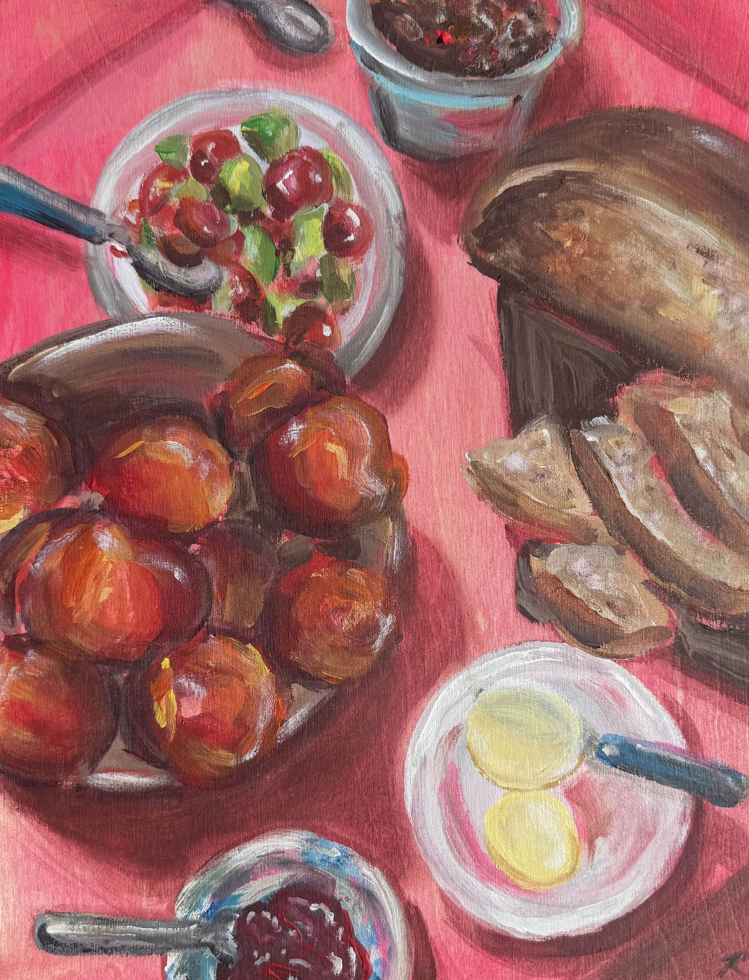 A colorful painting of various still life items on a pink background. It includes a bowl of grapes, a bowl of lemons, peaches, and slices of bread.