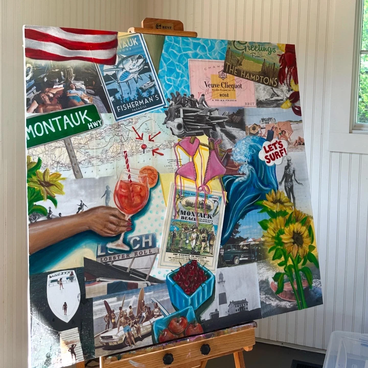 A collage of various vacation and beach-themed images including a sign for Montauk Highway, a map, a beach scene, a woman holding a colorful drink, sunflowers, boats, and surfboards, as well as labels for Veuve Clicquot rosé and a collage of people a