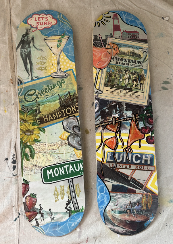Colorful collage of souvenirs and travel-related images on a pair of skateboard decks. The left deck features a woman in a swimsuit, a cocktail glass with vacation humor, a scenic landscape, and a 'Montaulk' street sign with strawberries and sunflowe