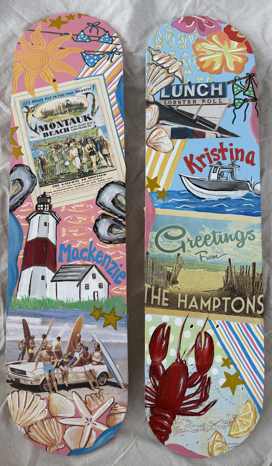 Colorful collection of two decorative surfboard plaques featuring beach and seaside scenes, with illustrations of lighthouses, boats, lobsters, shells, starfish, people surfing, and beach scenery, along with the words 'Greetings from the Hamptons' an
