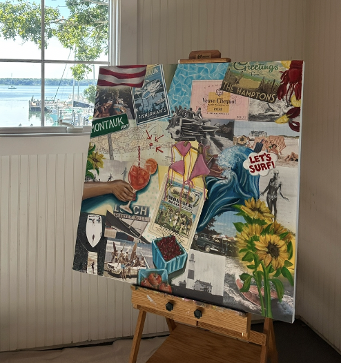 Collage of vacation and beach-themed images on a canvas artwork, including a lobster, sunflowers, surfboard, ocean, and boat, placed on an easel near a window.