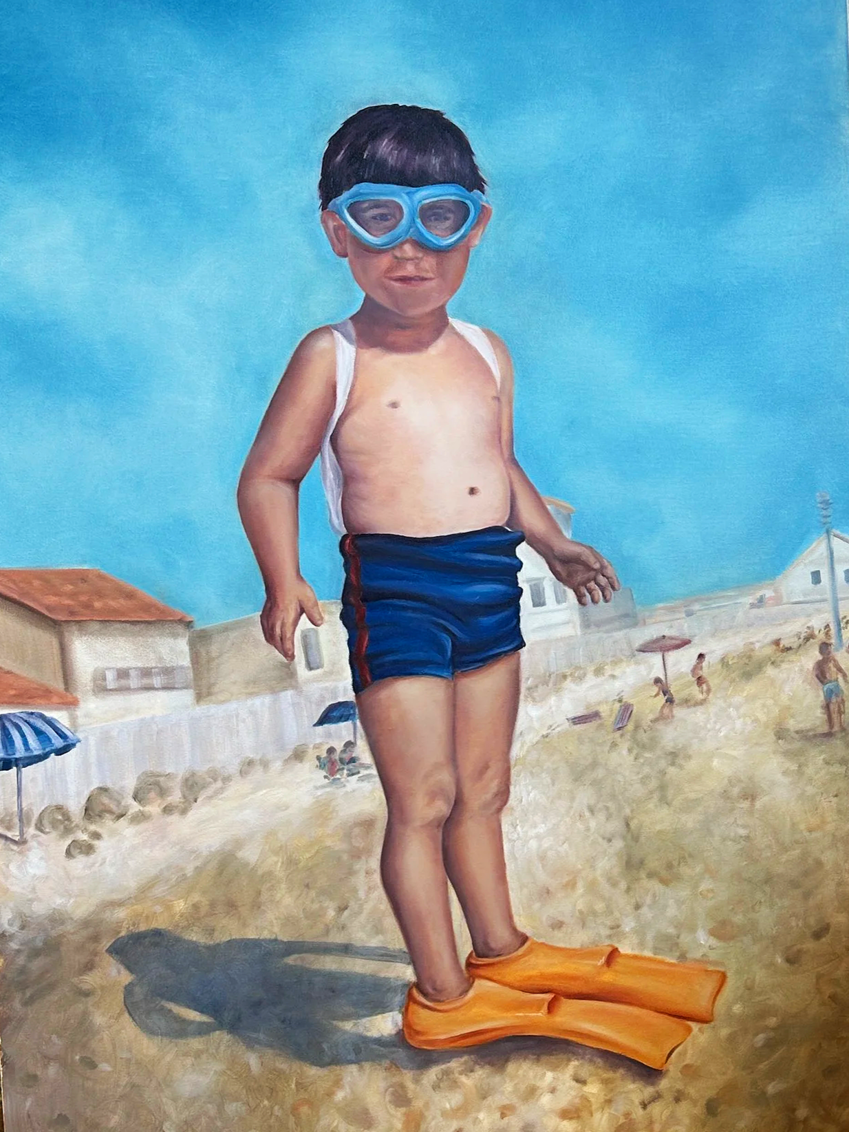 A painting of a young boy standing on an orange floaty at the beach, wearing swim trunks and goggles, with beach houses, umbrellas, and people in the background.