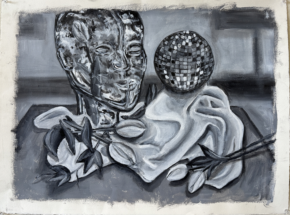 A grayscale painting of a metallic head sculpture, a disco ball, and a draped cloth with leaves and objects on a table.