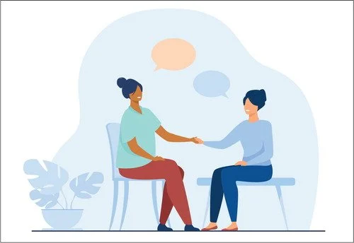 Illustration of a therapy session with a woman and a man sitting and talking, holding hands.